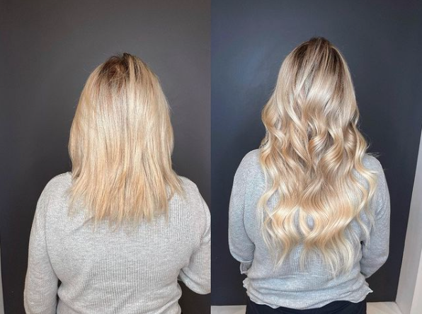before and after image showing Tape-In hair extensions