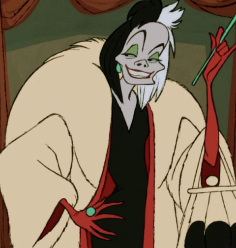 Cartoon of Cruella De Vil from the movie 101 Dalmations 